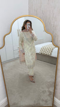 Load image into Gallery viewer, White sparkle chiffon embroidered suit with cotton net duppata and crepe trouser