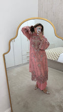 Load image into Gallery viewer, Light Pink Maria b inspired chiffon suit with embellishment and embroidery with chiffon duppata and trouser. Asian party wear suit.