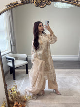 Load image into Gallery viewer, Qalamkar inspired khadi net suit with embroidered khadi net duppata and lawn embroidered trouser