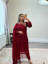 Load image into Gallery viewer, Sparkle Golden chiffon suit with embroidered chiffon duppata and trouser. Party wear. Eid collection.