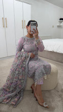 Load image into Gallery viewer, Defective Lilac / silver cotton net embroidered suit with cotton net duppata and crepe trouser (Copy)