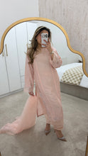 Load image into Gallery viewer, Korean raw silk suit with emrboidery and lace details. Organza duppata. Party wear. Eid collection.
