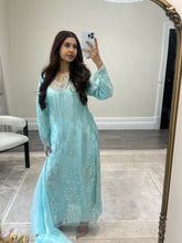 Load image into Gallery viewer, Cutdana grey/blue suit with embroidered cotton net duppata and trouser. Party wear. Eid collection.