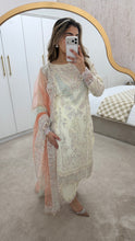 Load image into Gallery viewer, White sparkle chiffon embroidered suit with cotton net duppata and crepe trouser
