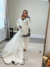 Load image into Gallery viewer, Cream and black embroidered cotton silk suit with shalwar and organza duppata with embroidery.