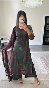 Maria B inspired embroidered lawn suit green and plum