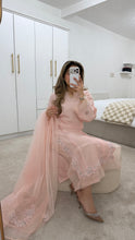 Load image into Gallery viewer, Korean raw silk suit with emrboidery and lace details. Organza duppata. Party wear. Eid collection.
