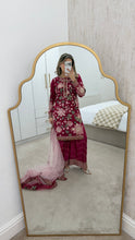 Load image into Gallery viewer, Jazmin inspired chiffon embroidered suit with chiffon duppata and wide leg embroidered trouser