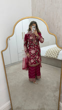 Load image into Gallery viewer, Jazmin inspired chiffon embroidered suit with chiffon duppata and wide leg embroidered trouser