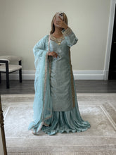 Load image into Gallery viewer, Sheesha silk suit with Gota work and embroidery and silk pleated lehenga and cotton net duppata. Party wear. Asian wedding suit.