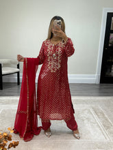 Load image into Gallery viewer, Red embroidered suit with foil work and mirror work embellishments with trouser and chiffon duppata