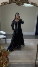 Load image into Gallery viewer, Mahira khan black sparkle suit with open gown style shirt. Duppata and trouser.