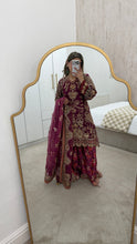 Load image into Gallery viewer, Pink Organza embellished 3 piece suit with wide leg silk trouser Eid collection party wear