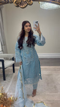Load image into Gallery viewer, Ice blue Organza embellished suit with stonework. Organza duppata and silk trouser.