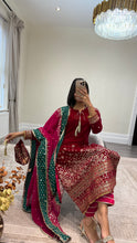 Load image into Gallery viewer, Sparkle red velvet embroidered suit with silk trouser and chiffon duppata