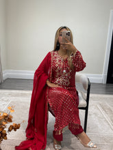 Load image into Gallery viewer, Red embroidered suit with foil work and mirror work embellishments with trouser and chiffon duppata