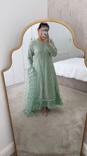 Load image into Gallery viewer, Cutdana Green suit with embroidered cotton net duppata and trouser. Party wear. Eid collection.
