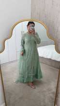 Load image into Gallery viewer, Cutdana Green suit with embroidered cotton net duppata and trouser. Party wear. Eid collection.