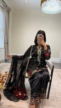 Load image into Gallery viewer, Black/ white chiffon embroidered suit with sequin embroidery and embellishments. Chiffon duppata. Eid and party wear.