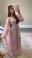 Load image into Gallery viewer, Mahira khan black sparkle suit with open gown style shirt. Duppata and trouser.