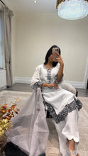 Load image into Gallery viewer, Raw silk black and white hand embroidered 3 piece suit with organza duppata