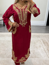 Load image into Gallery viewer, Beautiful handwork embroidered suit in red silk with cotton net duppata and trouser. Perfect wedding wear suit.