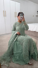 Load image into Gallery viewer, Cutdana Green suit with embroidered cotton net duppata and trouser. Party wear. Eid collection.