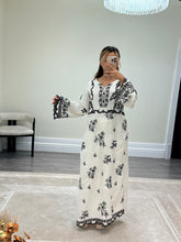 Load image into Gallery viewer, Cotton silk kaftan style 2 piece with embellishments and cotton silk trouser. Eid collection. Party wear.
