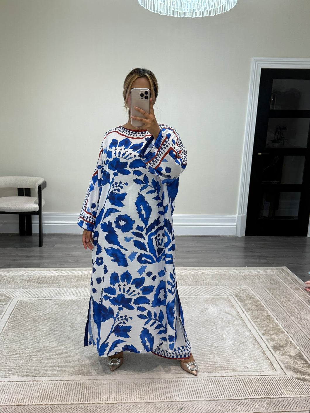 Printed long kaftan with trouser 2 piece set