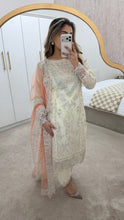 Load image into Gallery viewer, White sparkle chiffon embroidered suit with cotton net duppata and crepe trouser