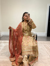 Load image into Gallery viewer, DEFECTIVE Baroque inspired golden chiffon embroidered suit with sharara with chiffon duppata. (Copy)