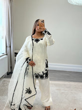 Load image into Gallery viewer, Cream and black embroidered cotton silk suit with shalwar and organza duppata with embroidery.