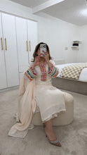 Load image into Gallery viewer, Cotton silk handwork suit in  off white with colourful embroidery and silk duppata