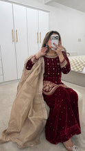 Load image into Gallery viewer, Red velvet embroidered suit with mirror work and wid leg trouser and organza duppata. Eid collection party wear