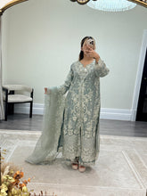 Load image into Gallery viewer, Light lilac / grey organza suit with embellishment and embroidery with duppata and trouser. Asian party wear suit.