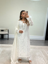 Load image into Gallery viewer, Lace net pearl embellished suit with trouser with chiffon duppata.