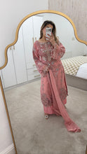 Load image into Gallery viewer, Light Pink Maria b inspired chiffon suit with embellishment and embroidery with chiffon duppata and trouser. Asian party wear suit.