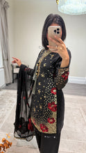 Load image into Gallery viewer, Black/ white chiffon embroidered suit with sequin embroidery and embellishments. Chiffon duppata. Eid and party wear.