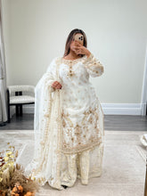 Load image into Gallery viewer, Elegant white beauty diamonte 3 piece suit with organza duppata and sharara