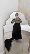 Load image into Gallery viewer, Chiffon frock style suit with sari draped duppata and hand embellishments and silk trouser. Eid collection. Party wear.