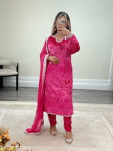 Load image into Gallery viewer, Black/pink velvet embroidered suit with velvet trouser and chiffon duppata