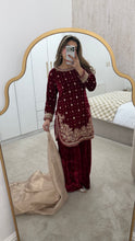 Load image into Gallery viewer, Red velvet embroidered suit with mirror work and wid leg trouser and organza duppata. Eid collection party wear