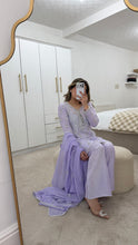 Load image into Gallery viewer, Lilac hand embroidered raw silk 3 piece suit with wide leg trouser Eid collection party wear