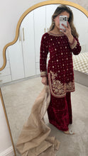 Load image into Gallery viewer, Red velvet embroidered suit with mirror work and wid leg trouser and organza duppata. Eid collection party wear