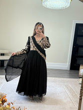 Load image into Gallery viewer, Chiffon frock style suit with sari draped duppata and hand embellishments and silk trouser. Eid collection. Party wear.