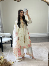 Load image into Gallery viewer, Black/ white chiffon embroidered suit with sequin embroidery and embellishments. Chiffon duppata. Eid and party wear.