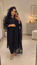 Load image into Gallery viewer, Black embroidered chiffon suit with embroidered and chiffon duppata