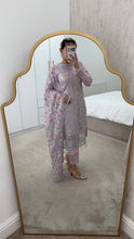 Load image into Gallery viewer, Defective Lilac / silver cotton net embroidered suit with cotton net duppata and crepe trouser (Copy)