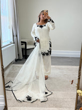 Load image into Gallery viewer, Cream and black embroidered cotton silk suit with shalwar and organza duppata with embroidery.