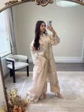 Load image into Gallery viewer, Qalamkar inspired khadi net suit with embroidered khadi net duppata and lawn embroidered trouser